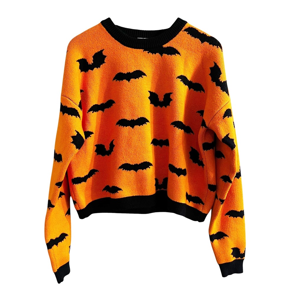 Bun In The Coven Orange Black Bat Print Sweater Womens Small Spooky Halloween